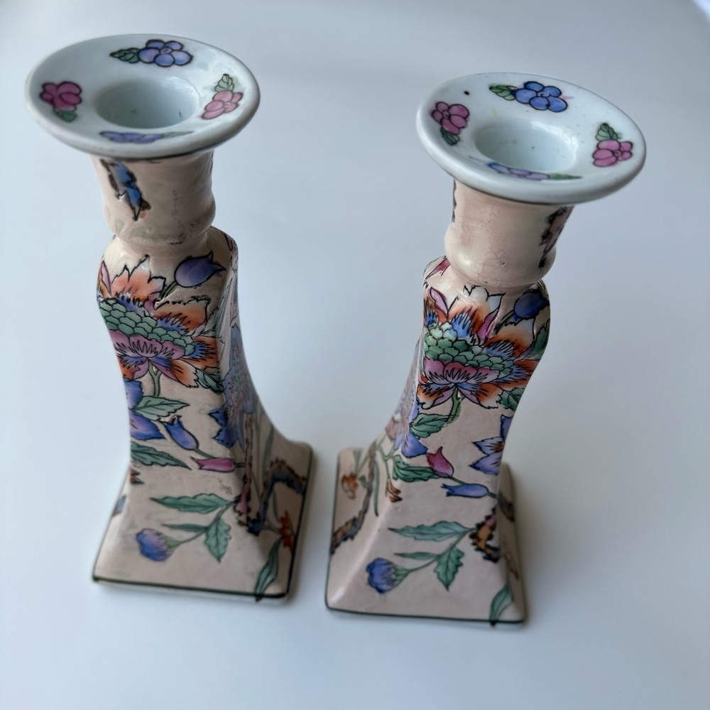 Vintage Pair Chinese  Porcelain Candlestick Holders